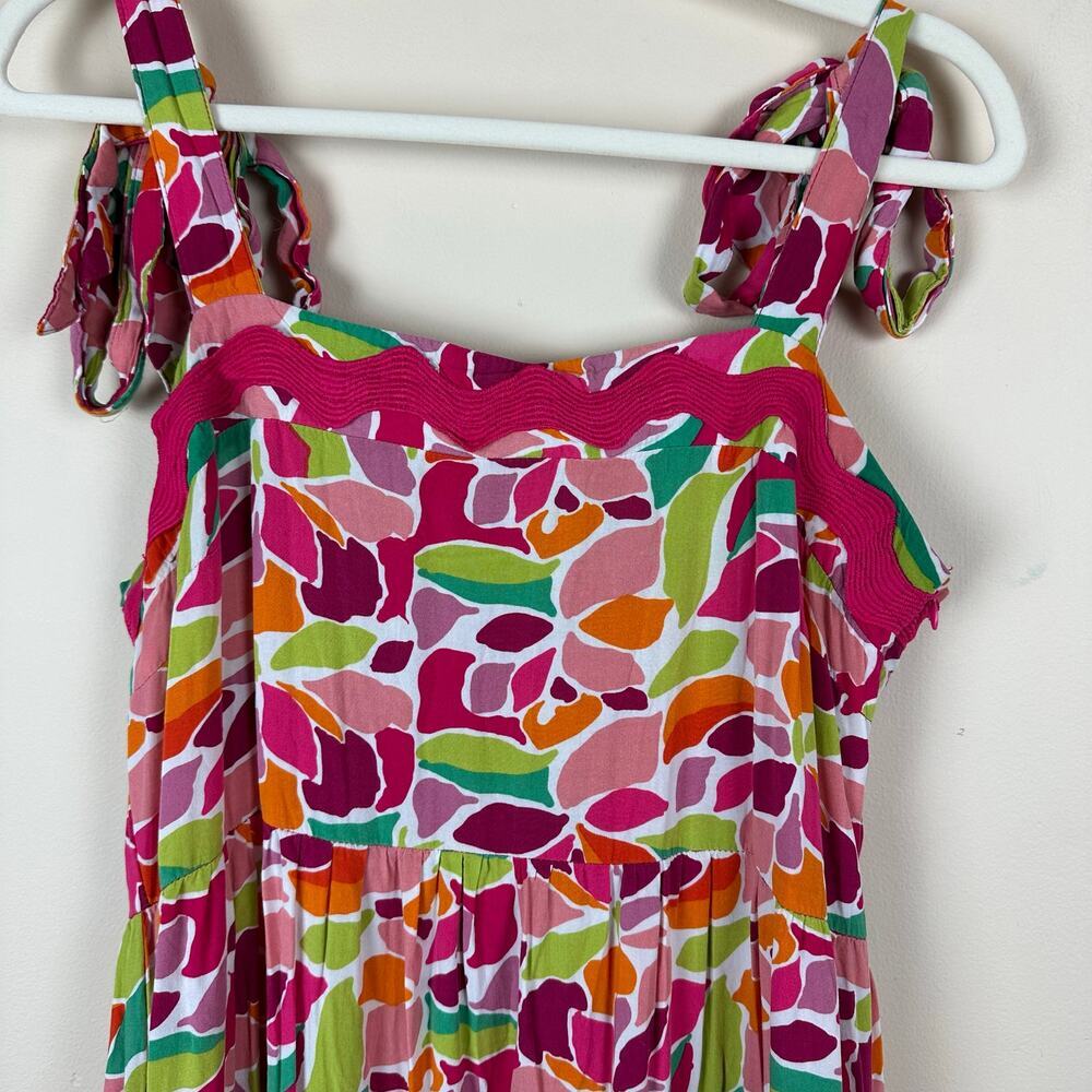 Womens Colorful Maxi Dress Size L Tie Strap Ric Rac Trim Boho Resort Cottagecore - Picture 2 of 11